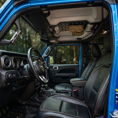 Modular Jeep Gladiator JT overhead molle panel demonstrating compatibility with removable front Freedom Top panels