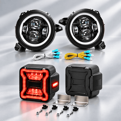 JL Mega Bundle - 9 Inch LED Halo Headlights with Turn Signals, Fogs, Tail Lights, Brake Lights For Jeep Wrangler JL