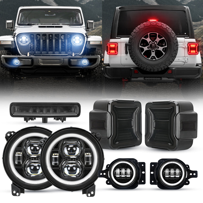 JL Mega Bundle - 9 Inch LED Halo Headlights with Turn Signals, Fogs, Tail Lights, Brake Lights For Jeep Wrangler JL