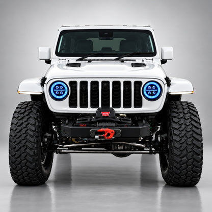 White Jeep Wrangler JL front view with blue RGB LED headlight halo rings