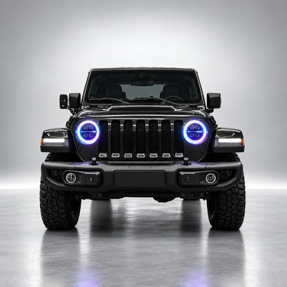 Black Jeep Wrangler JL front view with blue and violet RGB LED headlight rings