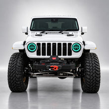 White Jeep Wrangler JL front view with cyan RGB LED headlight halo rings