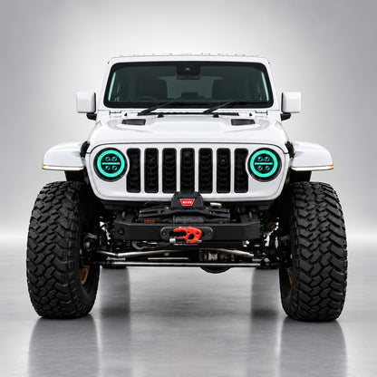 White Jeep Wrangler JL front view with cyan RGB LED headlight halo rings