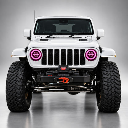 White Jeep Wrangler JL front view with magenta RGB LED headlight halo rings