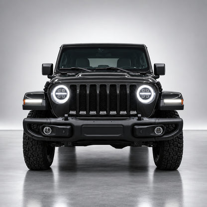 Black Jeep Wrangler JL front view with white DRL halo rings and center light bars