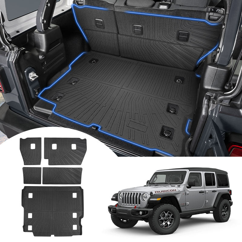 Jeep Wrangler JL TPE cargo liner and rear seat-back protector set, with installed and component views.