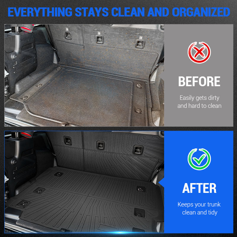 Comparison of original Jeep Wrangler JL cargo-area upholstery and the fitted TPE protection set.