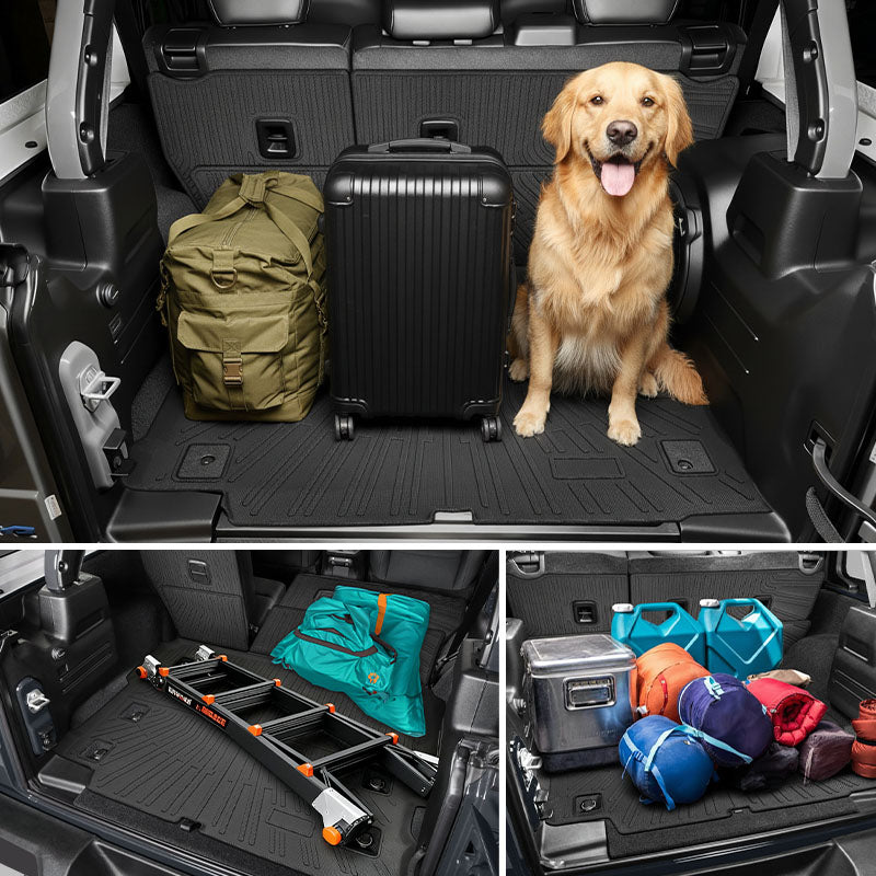 Cargo-liner use scenes with a dog, outdoor gear and luggage in a Jeep Wrangler JL cargo area.