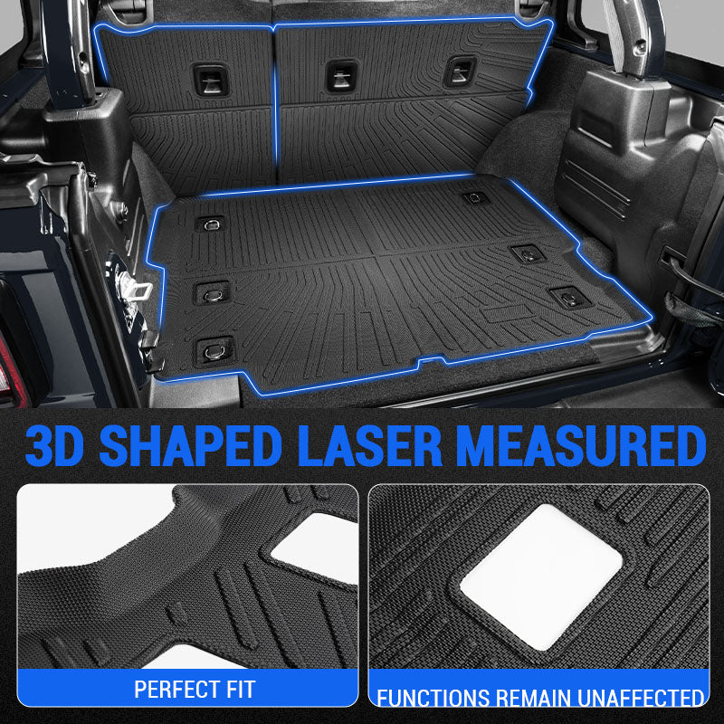 Wrangler JL cargo liner with 3D-measured contours and close-ups of panel edges and factory-access openings.