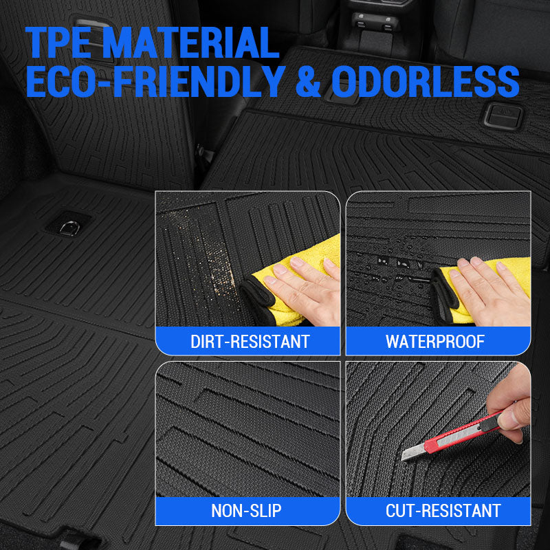 Product graphic showing TPE cargo-liner surface texture, wiping and water-cleaning demonstrations.