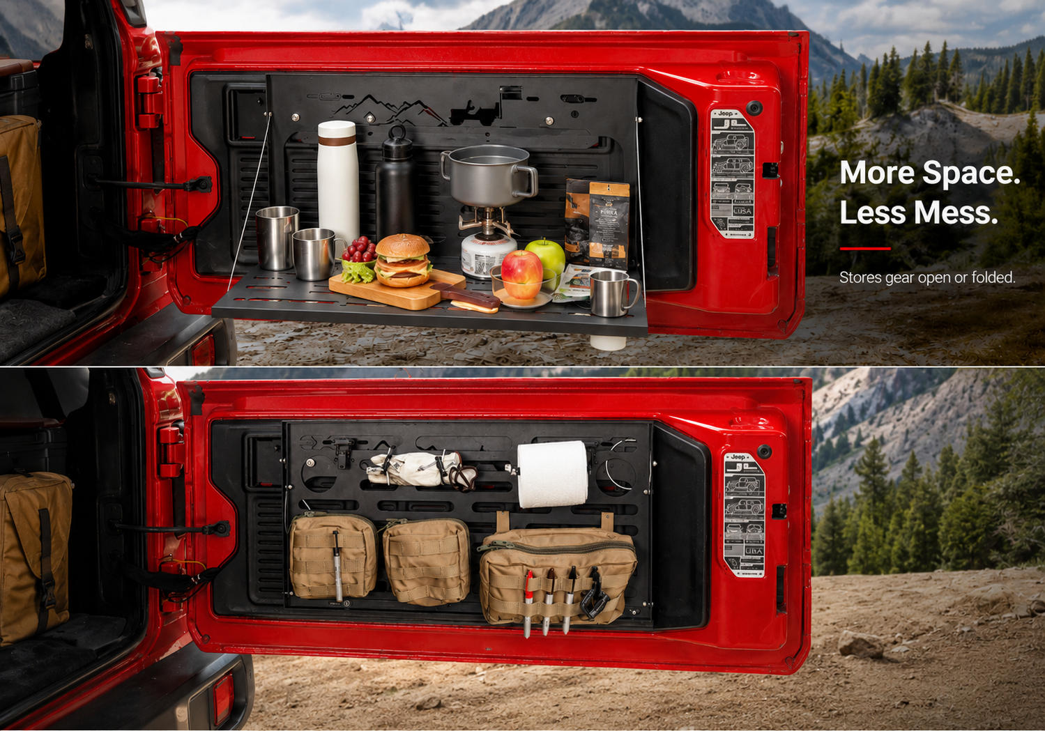 More Space.
Less Mess.
Stores gear open or folded.