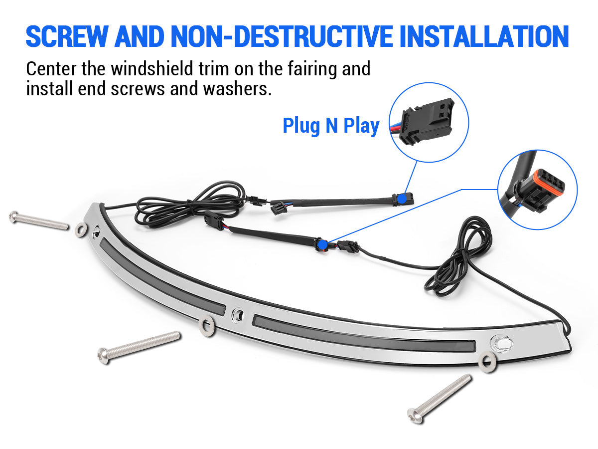 Plug and play Harley-Davidson LED Windshield Trim Lights with screw mount non-destructive install
