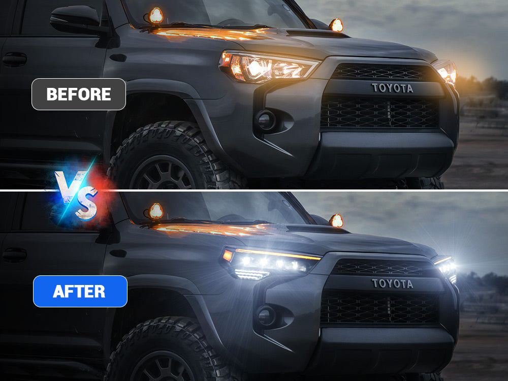 Quad projector LED headlights compared to stock factory headlights on Toyota 4Runner, wider beam and higher brightness