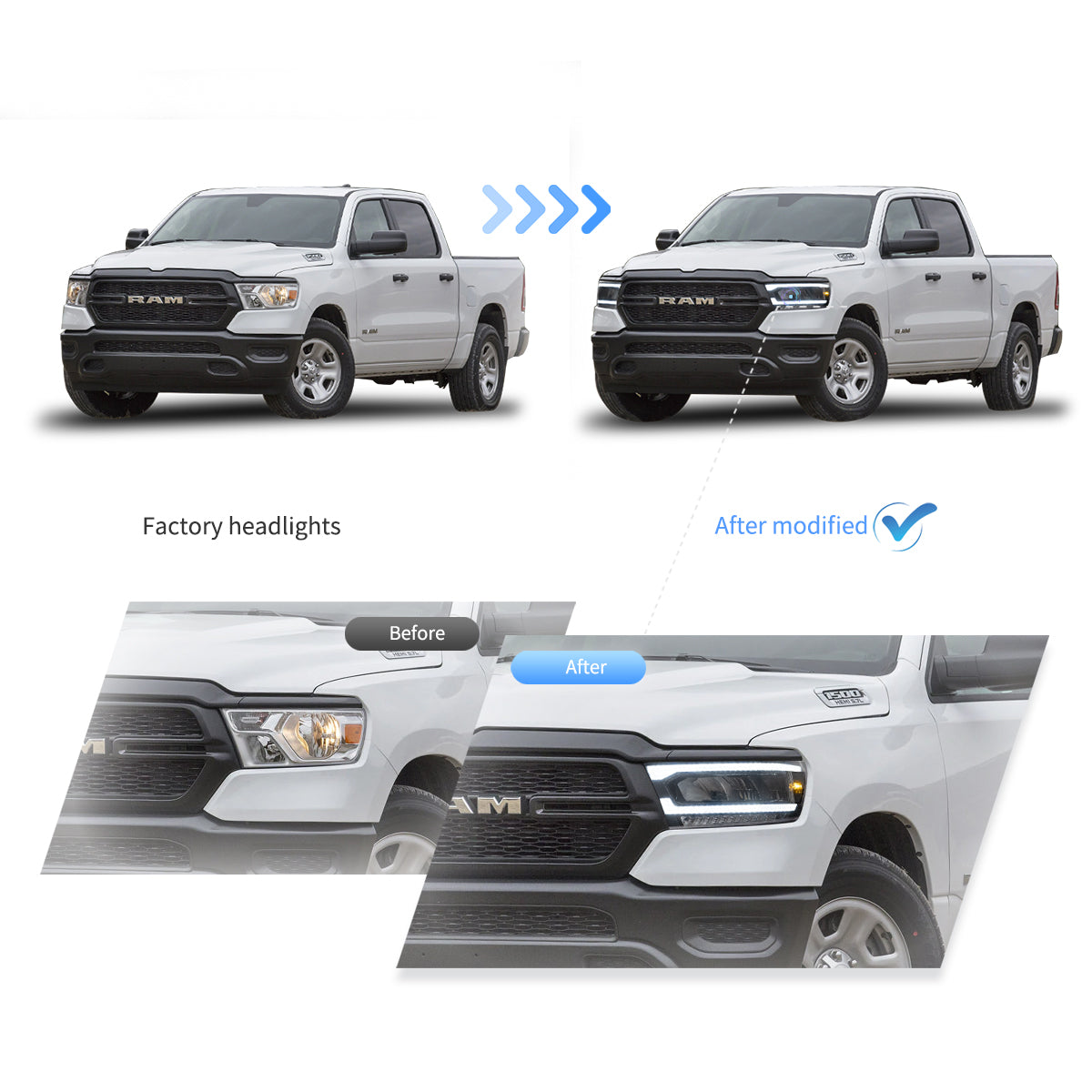 Chrome LED Headlights Amber Style for Dodge Ram 1500 DT 2019-2024