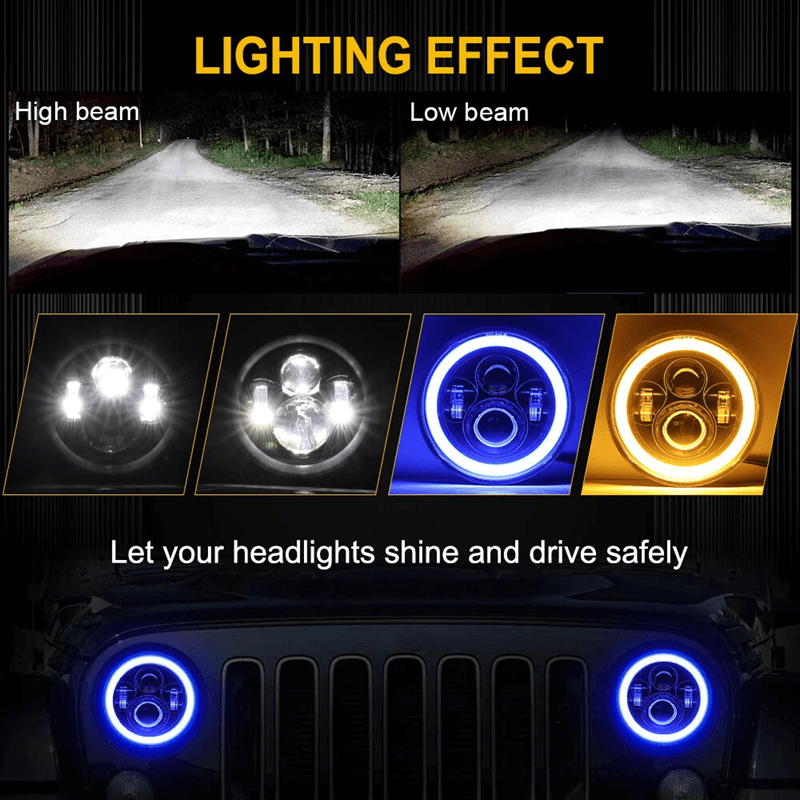 LED RGB Color Changing Halo Headlight with Amber Turn Signal + Fog Light Kit Combo For 2007-2018 Jeep Wrangler JK