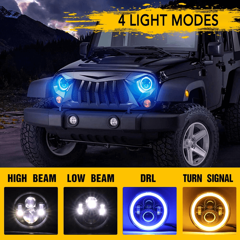 LED RGB Color Changing Halo Headlight with Amber Turn Signal + Fog Light Kit Combo For 2007-2018 Jeep Wrangler JK