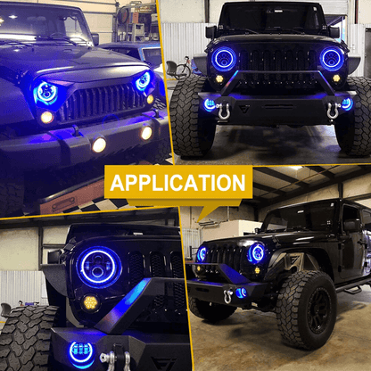 LED RGB Color Changing Halo Headlight with Amber Turn Signal + Fog Light Kit Combo For 2007-2018 Jeep Wrangler JK