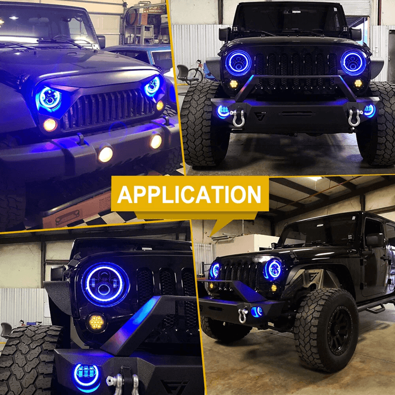 LED RGB Color Changing Halo Headlight with Amber Turn Signal + Fog Light Kit Combo For 2007-2018 Jeep Wrangler JK