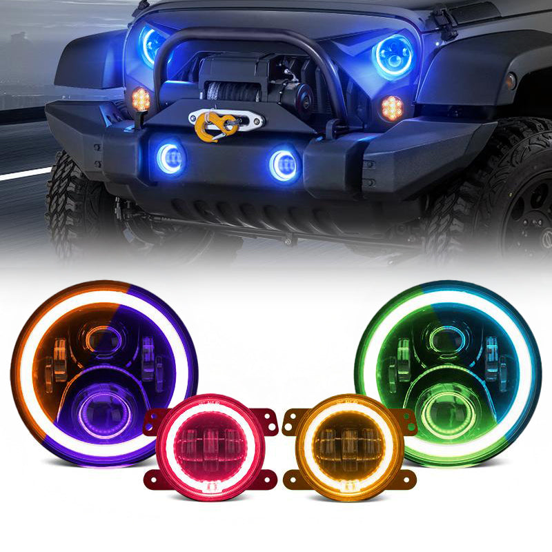 LED RGB Color Changing Halo Headlight with Amber Turn Signal + Fog Light Kit Combo For 2007-2018 Jeep Wrangler JK