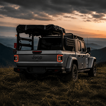 Jeep Gladiator bed rack installed above a Mopar hard tri-fold tonneau cover