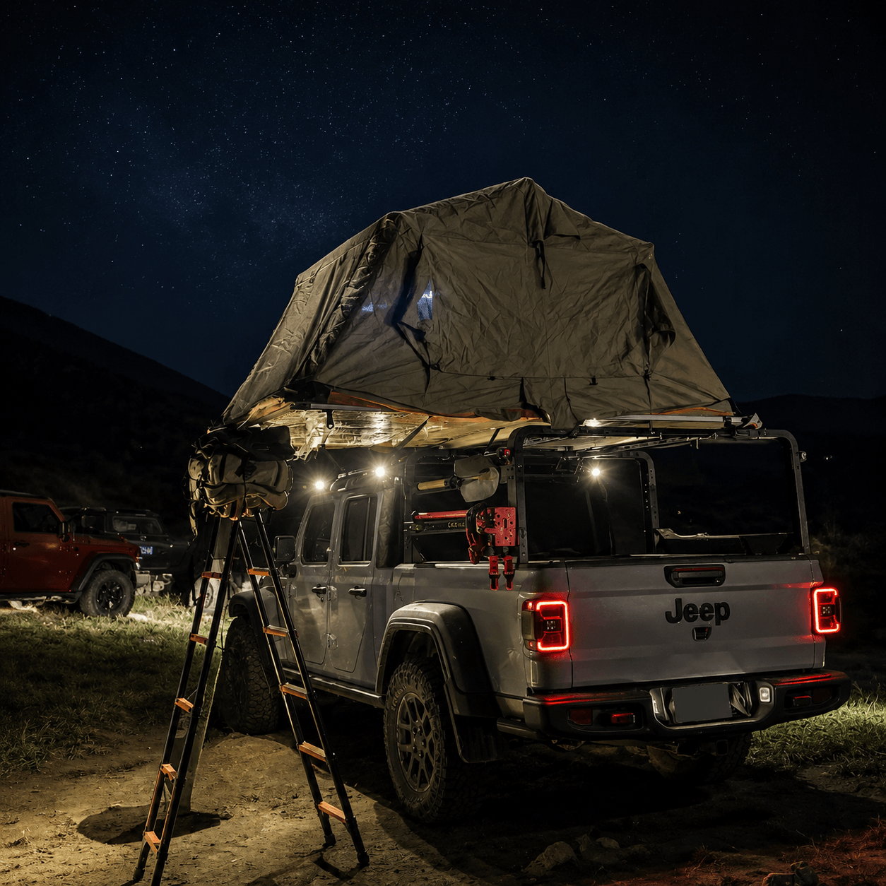 Jeep Gladiator overland bed rack supporting a compatible rooftop tent