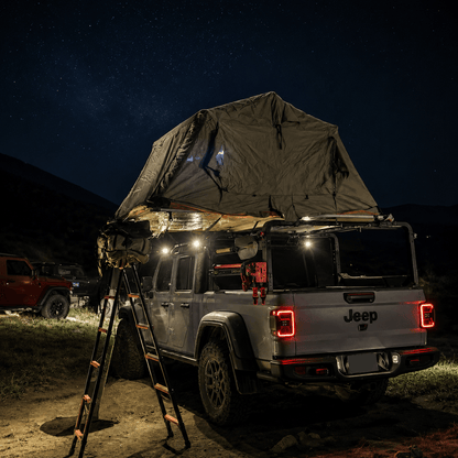 Jeep Gladiator overland bed rack supporting a compatible rooftop tent