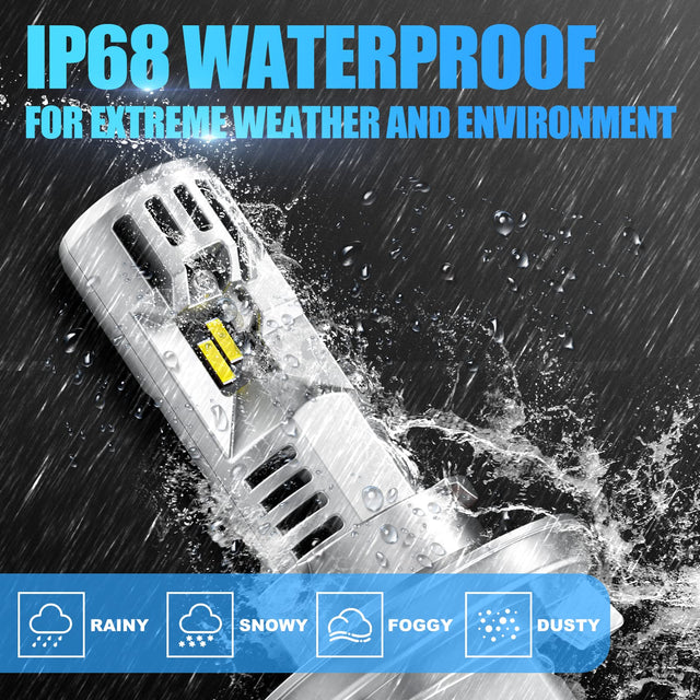 IP68-rated waterproof H13 LED bulbs with sealed housing, capable of withstanding heavy rain and off-road splashes