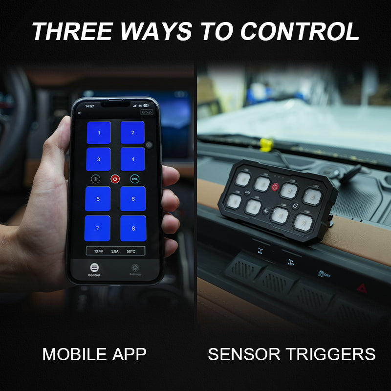 LOCUS mobile app controls beside the physical eight-button switch panel on a dashboard.
