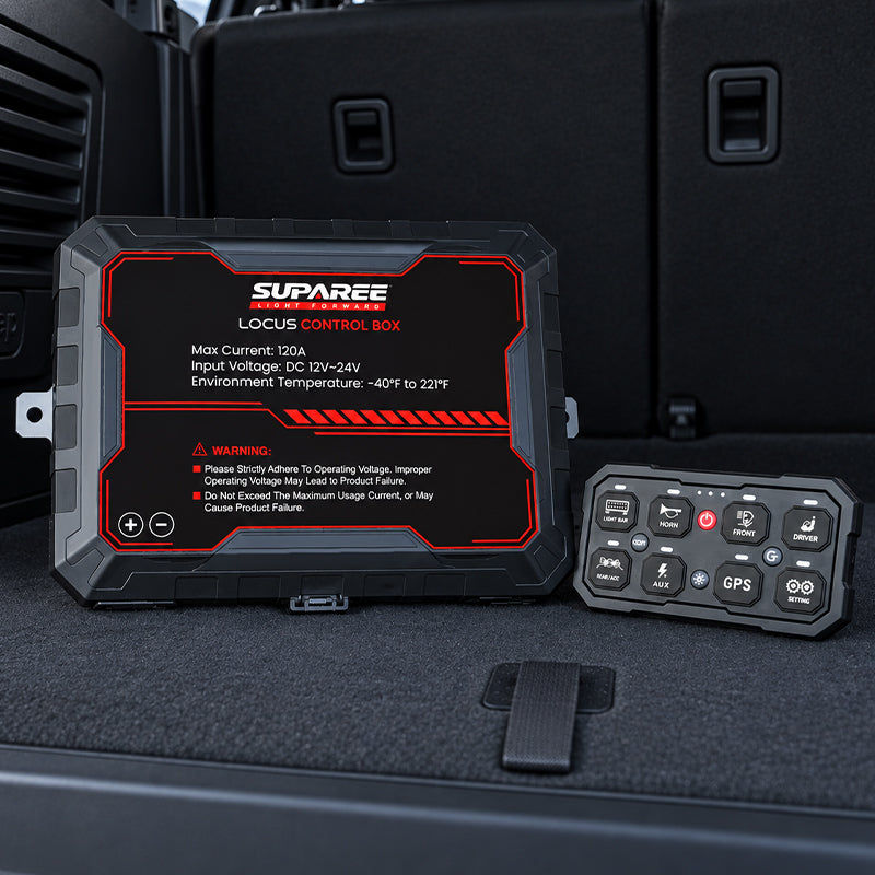 SUPAREE LOCUS 8-gang switch panel and control box displayed inside a vehicle.