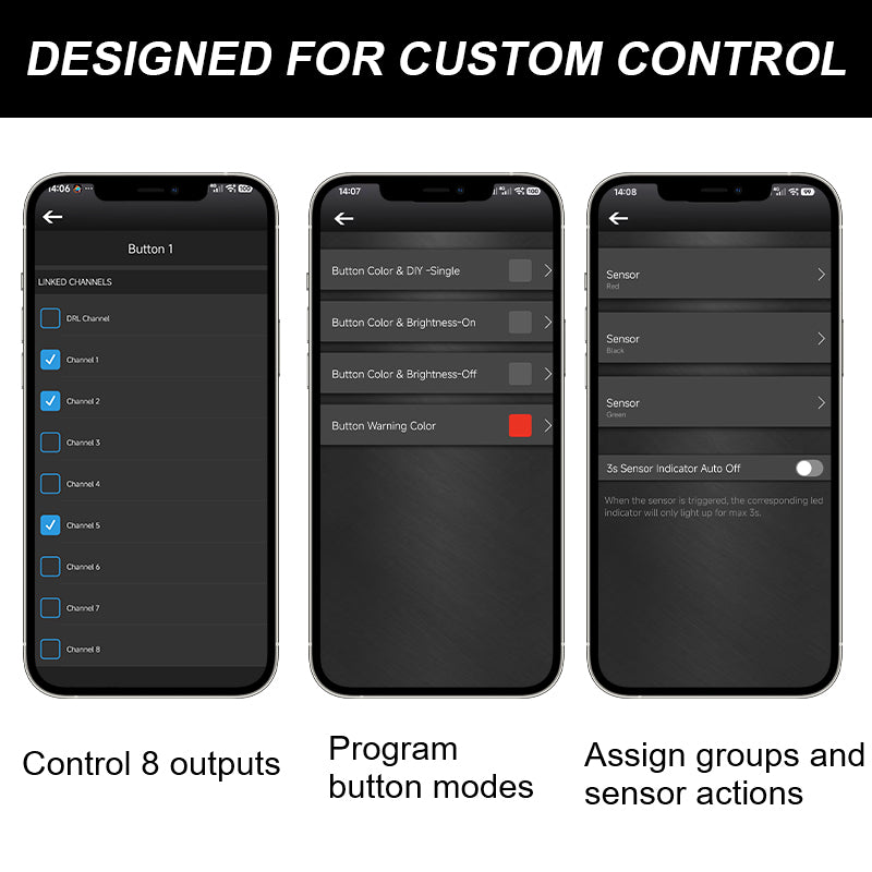 LOCUS app screens showing output controls, button modes, groups and vehicle-signal settings.