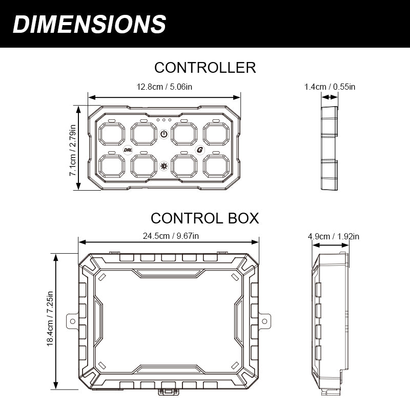 Dimension drawings of the LOCUS eight-button controller and control box.