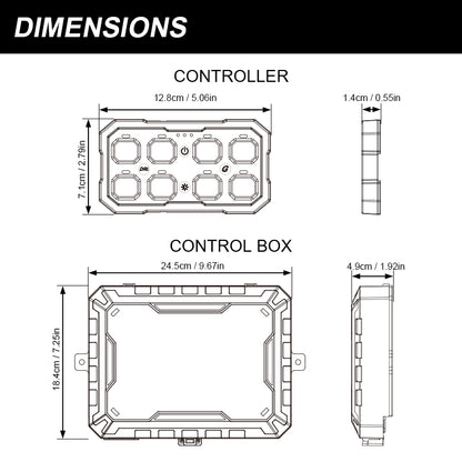 Dimension drawings of the LOCUS eight-button controller and control box.