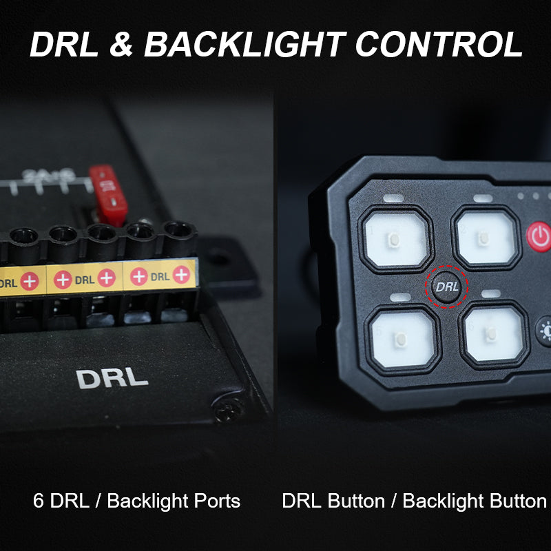 Dedicated DRL terminals on the LOCUS control box beside the panel DRL and brightness buttons.