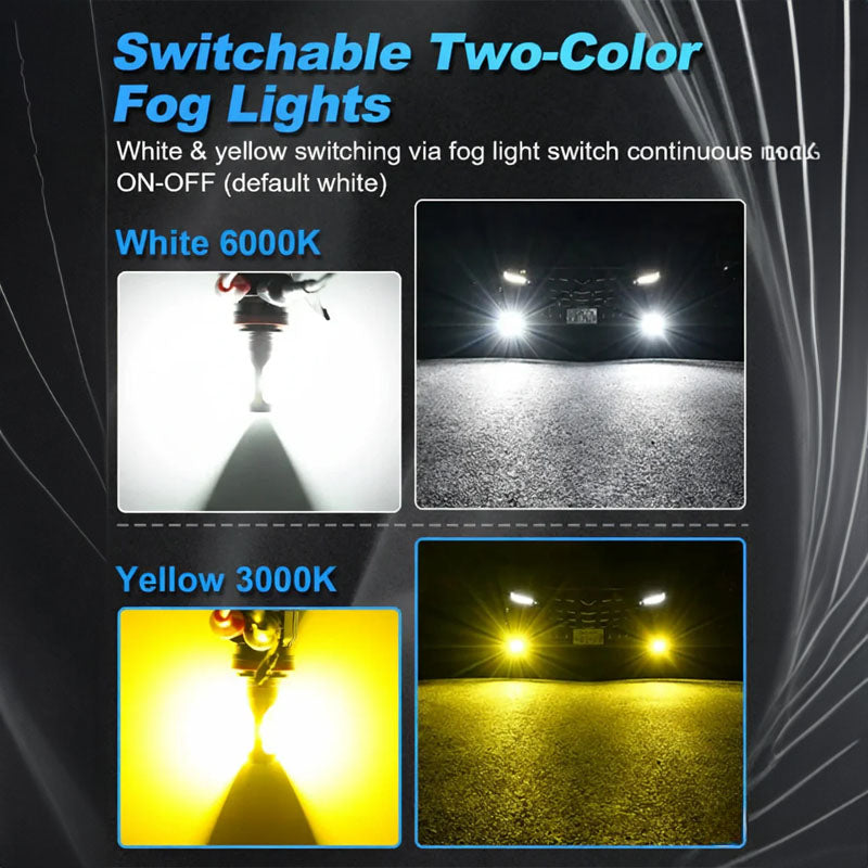 Switchable two-color fog lights showing 6000K white and 3000K yellow modes for H3 LED Fog Light Bulbs on a 3rd Gen Toyota 4Runner.