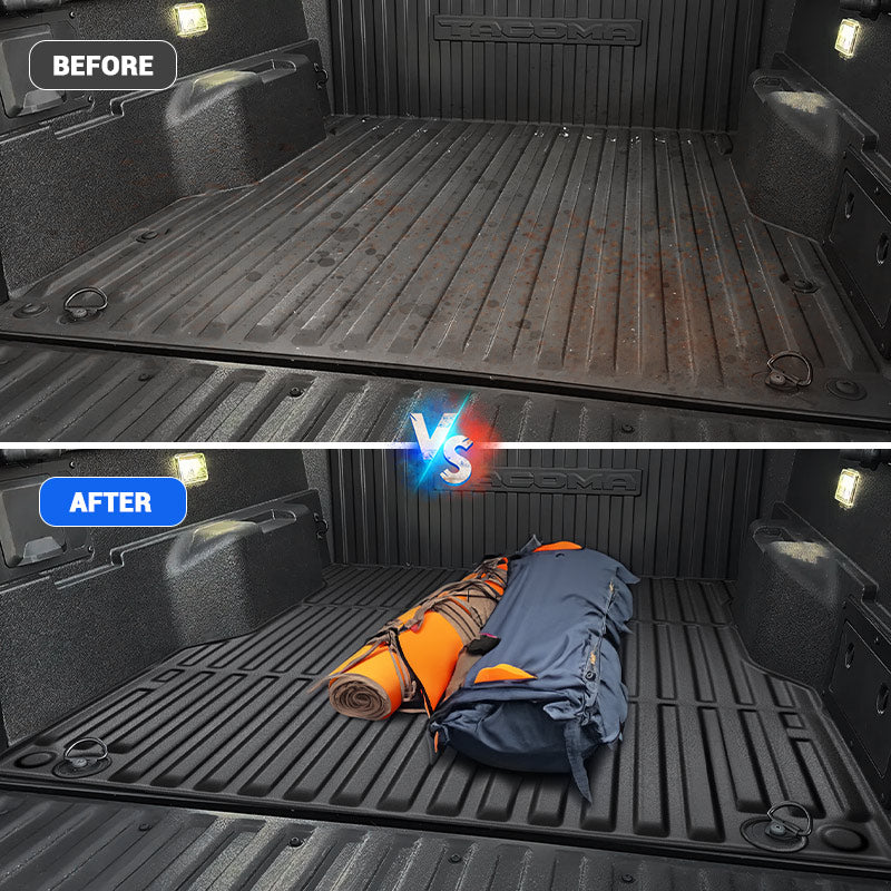All-weather rubber truck bed mat for 2024-2025 Toyota Tacoma 5FT resists rain, snow, and mud.