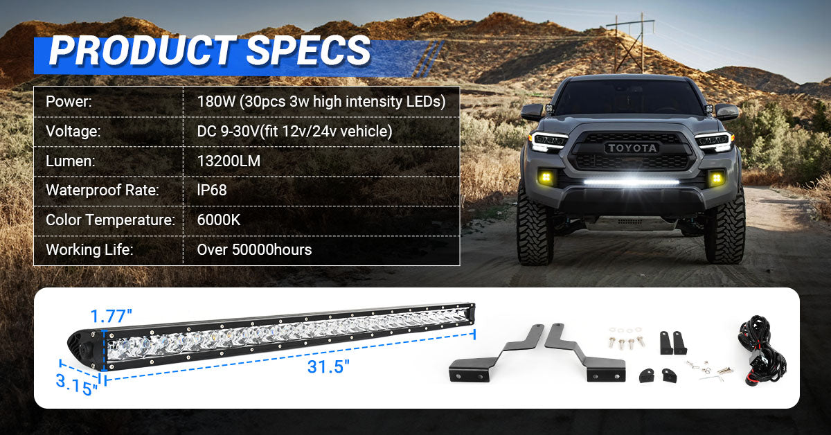 32 inch LED light bar for Toyota Tacoma with 33 mounting options, IP68 waterproof, ultra-bright LED chips and plug-and-play installation