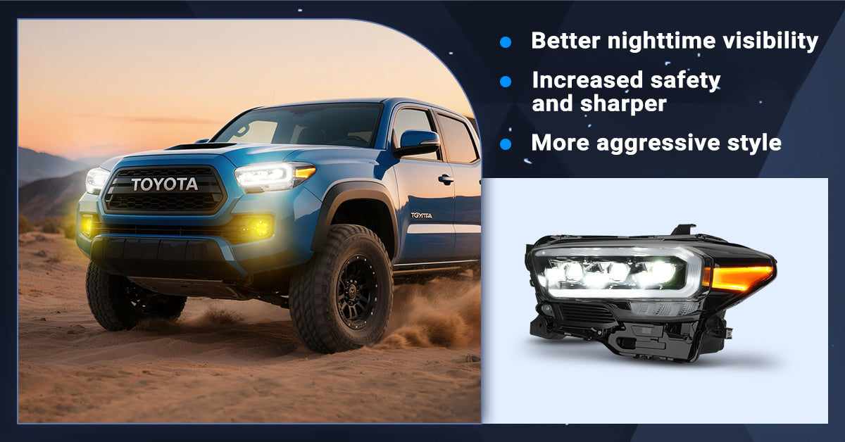 High-performance aftermarket LED headlights for Toyota Tacoma 2016-2024, featuring daytime running lights and dynamic sequential turn signals.