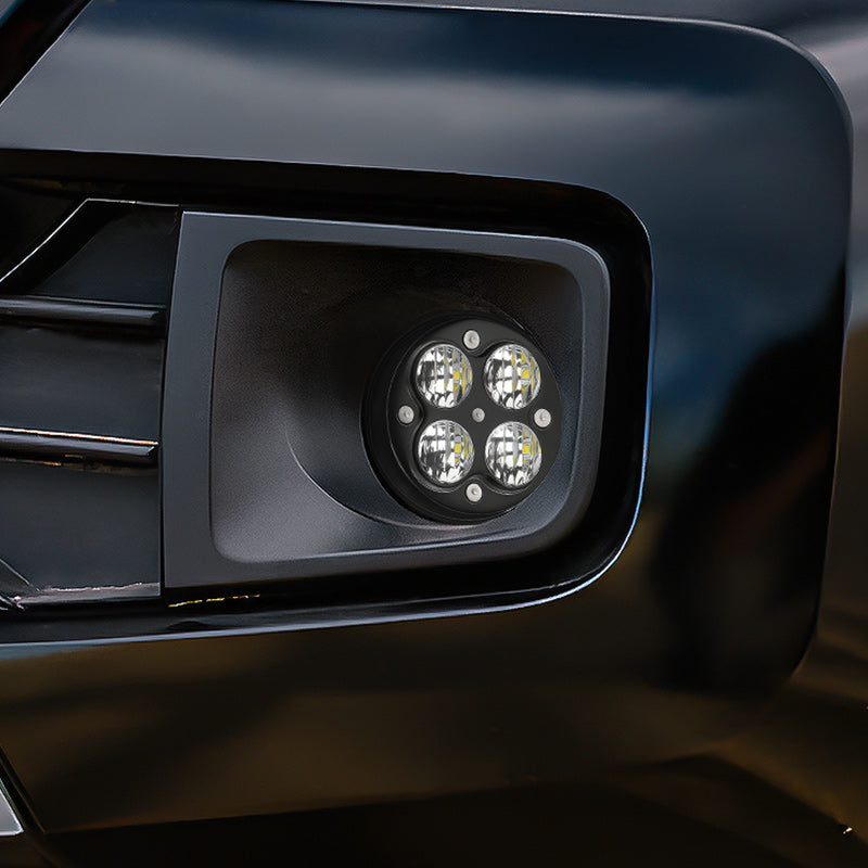 Installed LED fog lights on 2023 Toyota Tacoma showing modern look and bright white illumination