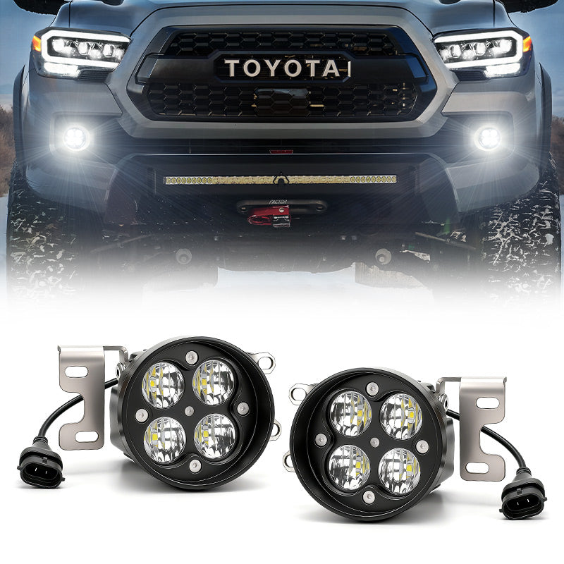 Off-road Toyota Tacoma equipped with aluminum housing LED fog lights for rugged performance and visibility