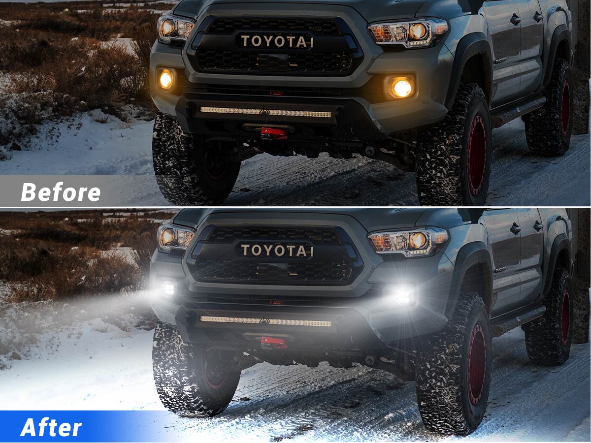 LED fog lights vs halogen comparison on Toyota Tacoma showing brighter light and modern look upgrade