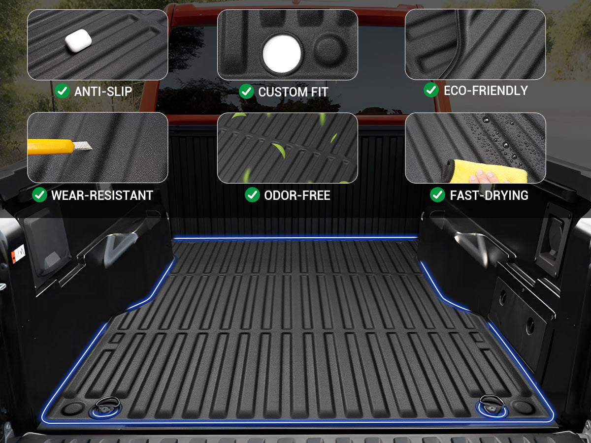 All-weather durable rubber bed mat for Toyota Tacoma 2024-2025 5FT, resistant to mud, rain, and snow.