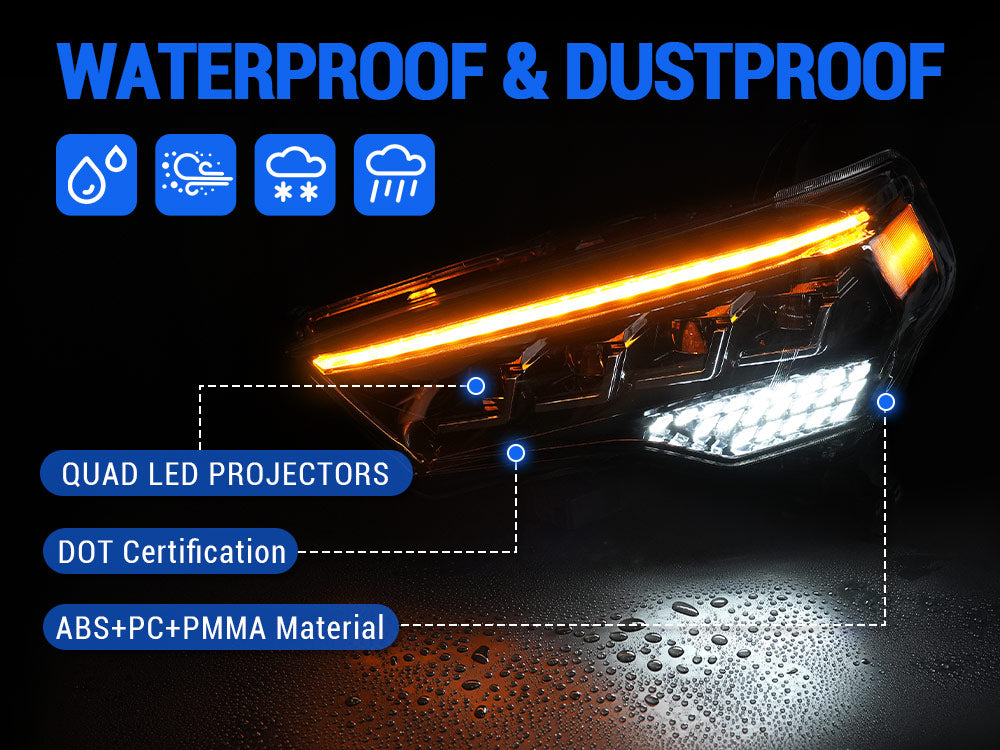 IP68 waterproof LED headlights with ABS and PC housing for Toyota 4Runner, durable and weather-resistant design