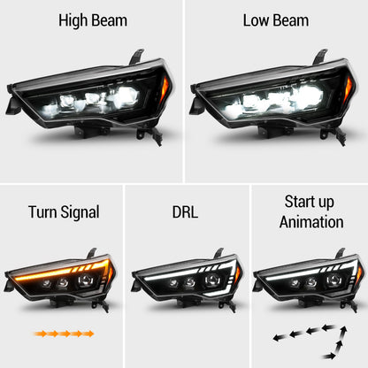 Lighting modes of Toyota 4Runner LED projector headlights with DRL, Demon Eyes, sequential turn signals, start up animation and high/low beam.