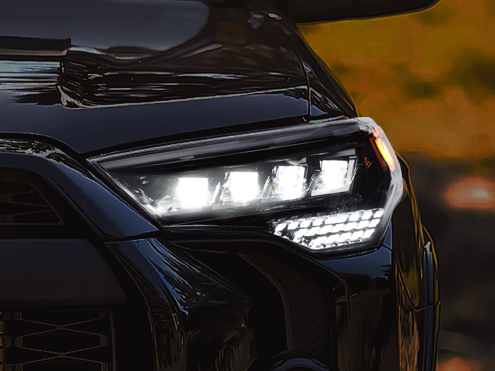 Sequential amber turn signals on LED projector headlights for Toyota 4Runner, improving visibility and modern styling