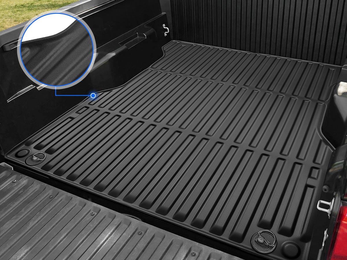 Custom-fit rubber truck bed mat for 2024-2025 Toyota Tacoma 5FT, providing full coverage and perfect fit.