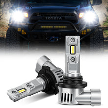 9005 LED Headlight Bulbs for 2005-2011 Toyota Tacoma shown with bright white beam and rugged truck in background. Ideal for 2nd Gen Tacoma upgrades.