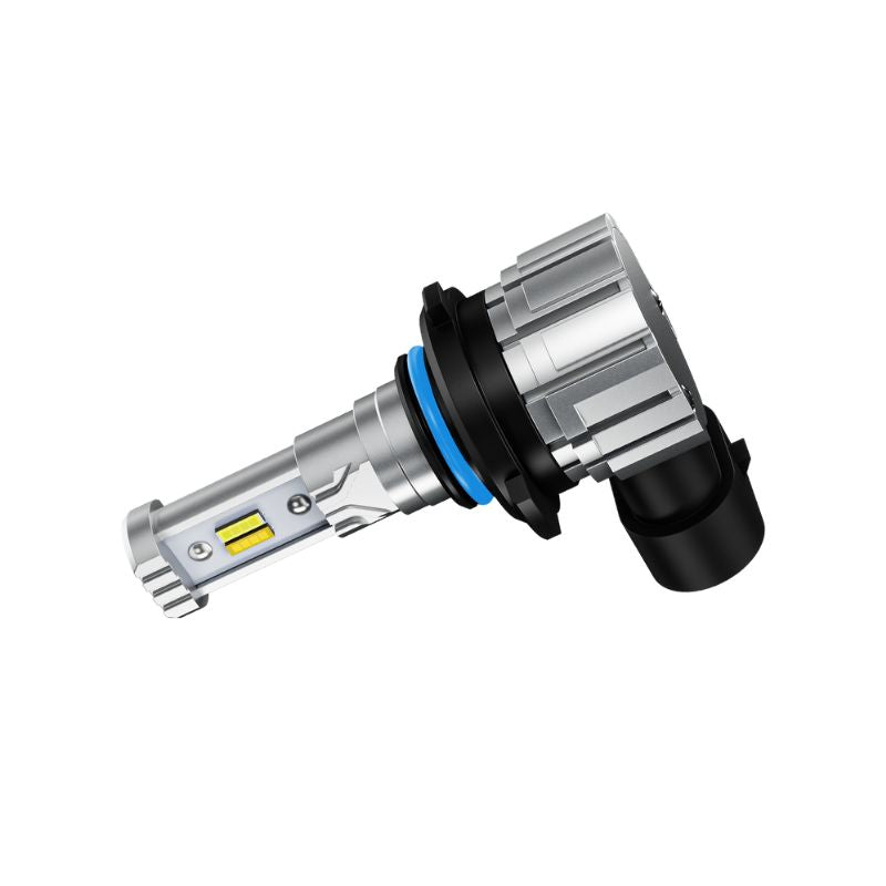 Angled view of 9006 LED fog light bulb for 1st Gen Toyota Tundra, highlighting heat sink fins and dual-sided LED chips.