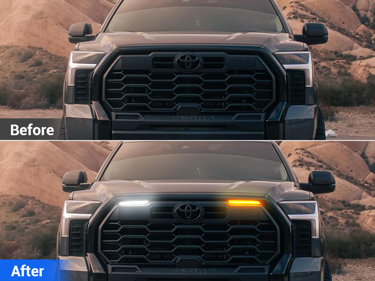 Front grille comparison before and after installing LED lights