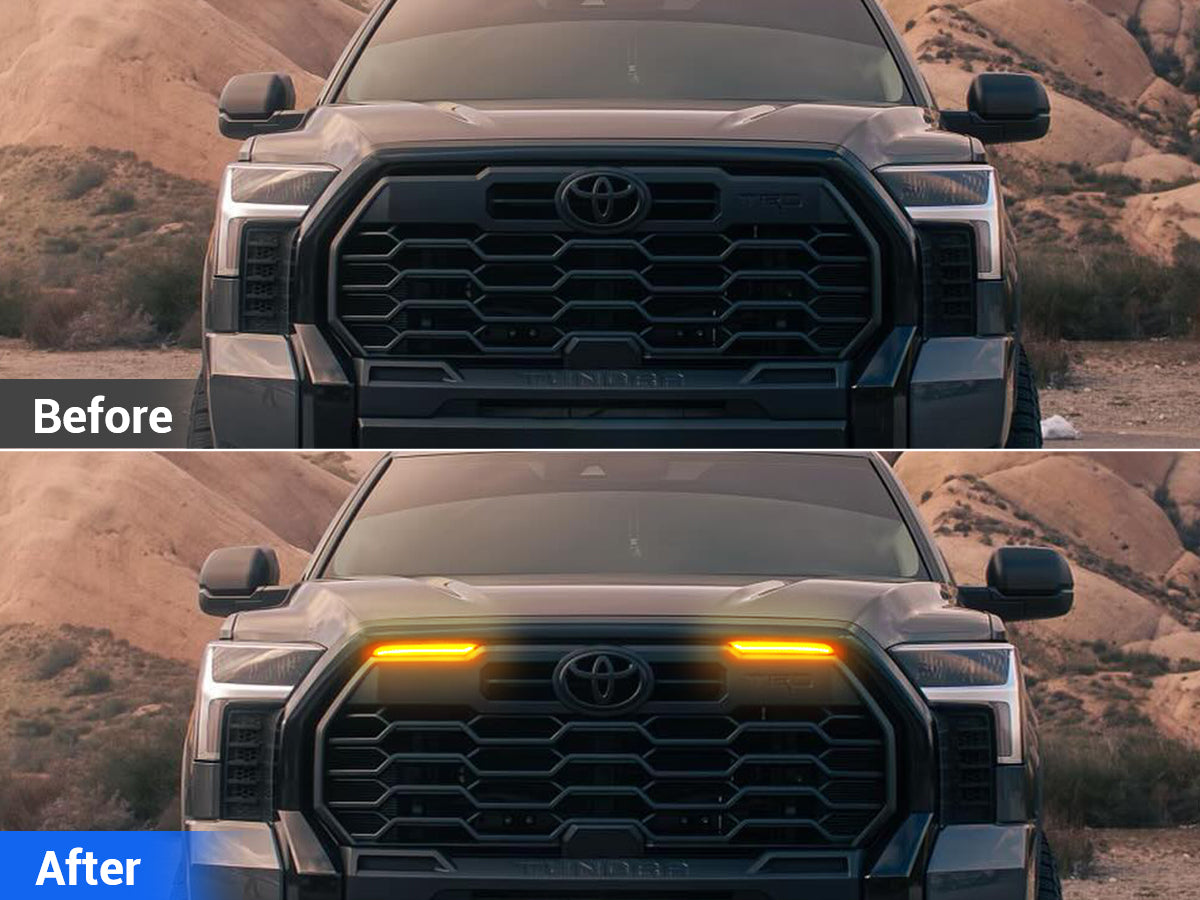 Front grille comparison before and after installing LED lights
