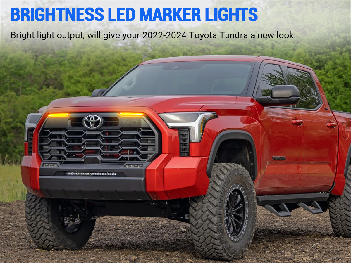 Bright LED grille marker lights on red Toyota Tundra